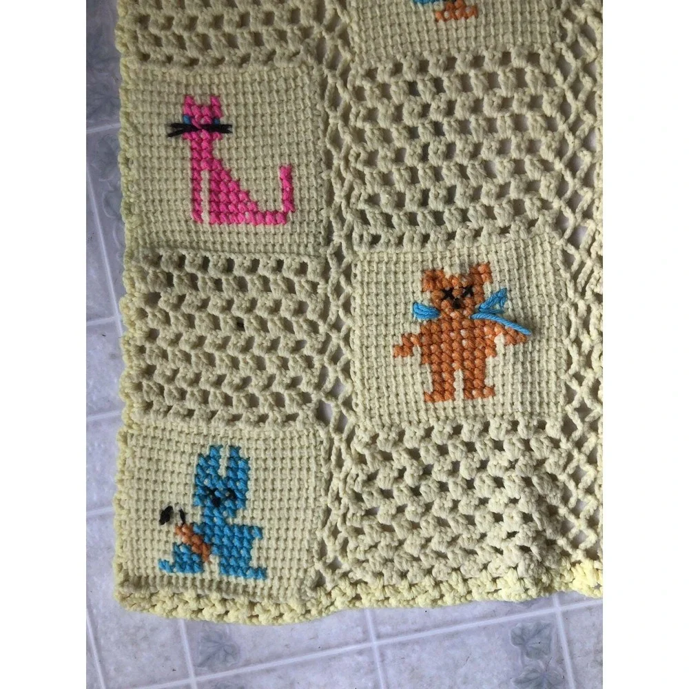 Vtg Granny Square Afghan Crochet Blanket 42 X 42 Handmade Embroidered Animals